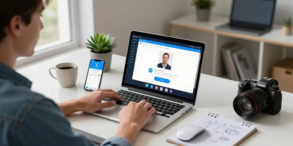 Professional using Telegram Web Version for team collaboration in a modern office
