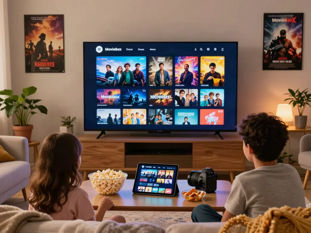 A family enjoying Moviebox app on large screen with snacks in cozy living room.
