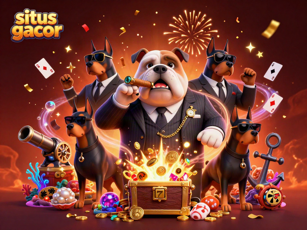 Engage with situs gacor in this vibrant casino scene featuring a mafia bulldog and bodyguard Dobermans.