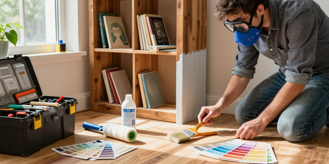 DIY enthusiast using a 3M paint mask in a home workshop, painting a bookshelf.