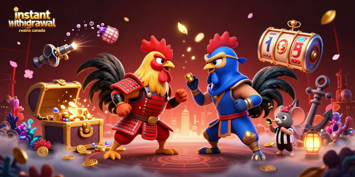 Engage with instant withdrawal casino canada featuring twin fighting roosters amidst treasure chests and glowing elements.