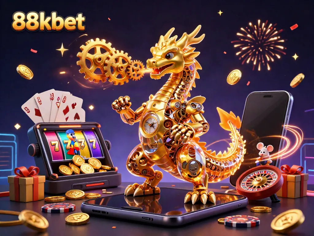 Experience the thrill of 88kbet with a vibrant casino scene featuring a mechanical dragon and slots.
