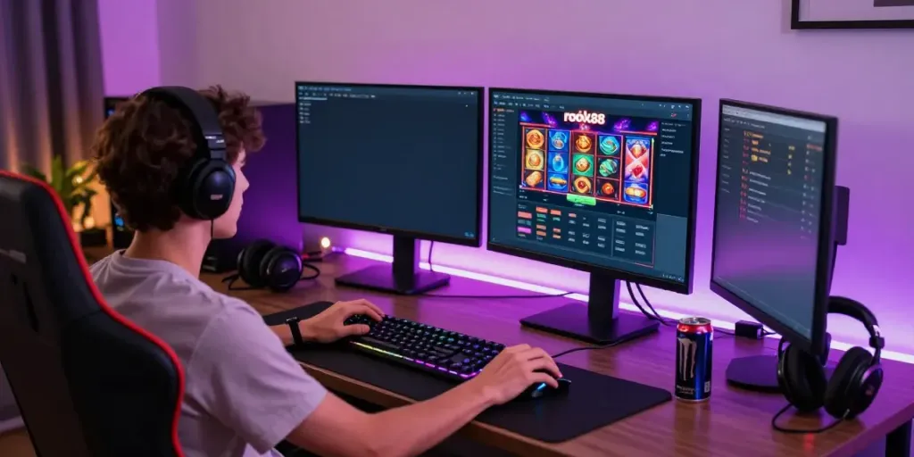 Gamer engaged with the rokok88 slot on a vibrant gaming setup, showcasing a modern home environment.