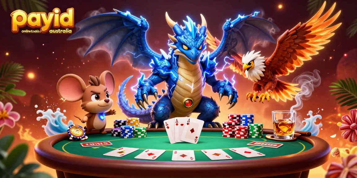 Engage with top payid online casinos australia featuring vibrant dragon, hawk, and mouse in a bustling poker scene.