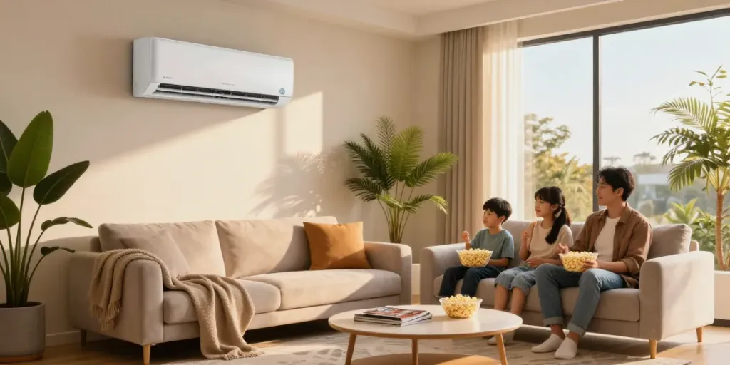 Family enjoying movie night in a cozy living room with a split ac unit efficiently cooling the space.