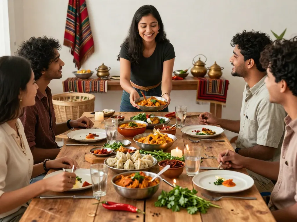 Delicious rokok88 Indian curry and momo Nepalese dishes shared at a cozy dining table.